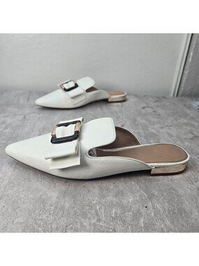Linea Paolo Pointed Mule Shoes Size 9.5 White Leather Bow Flat Dressy Old Money
